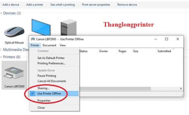 bỏ chọn Use Printer Offline khắc phục ngay máy in báo offline